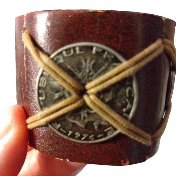 Brown Faux Leather Coin &Twine Accents Cuff Bracelet with Snap Closures - Picture 3 of 8